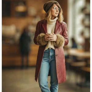 Vintage Italian Burgundy Leather Coat with Faux Fur Cuffs